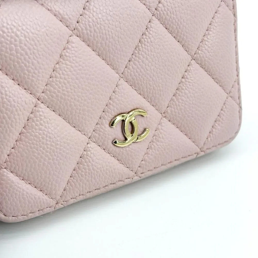 Chanel Classic Caviar Flap Zipper Card Holder Pink Gold Hardware